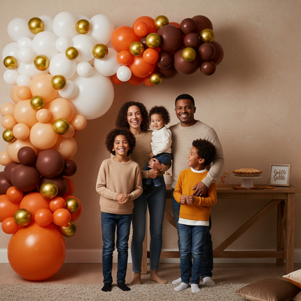 Celebrate It Thanksgiving balloon garland 10 feet hung on a wall as a photo backdrop for a Thanksgiving family gathering