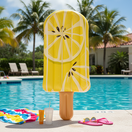 Giant inflatable lemon popsicle pool float propped up next to a pool with colorful summer accessories