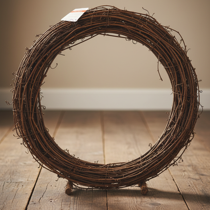 Large natural grapevine wreath base standing upright on rustic wooden floor showing full standing display position