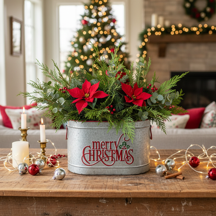 Galvanized metal Merry Christmas bucket filled with holiday greenery on a rustic farmhouse table