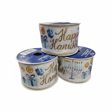 Celebrate It Hanukkah wired ribbon 2.5in wide cream background with Happy Hanukkah gold script menorah dreidel and gold coin motifs on white background