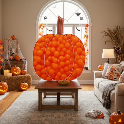 Large orange pumpkin shaped balloon sculpture made of small orange balloons displayed in a Halloween decorated living room