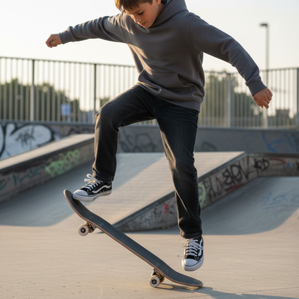Boy wearing dark wash loose fit skater denim jeans with a casual hoodie and sneakers in a skateboarding lifestyle shot