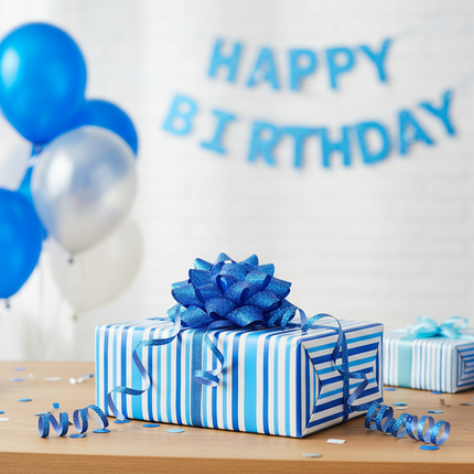 Blue curly gift bows curl ribbon decorating a wrapped birthday present in blue and white wrapping paper
