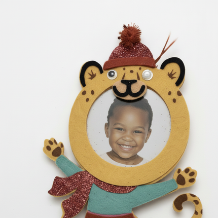Close up detail of felt leopard ice skater ornament face and scarf white background