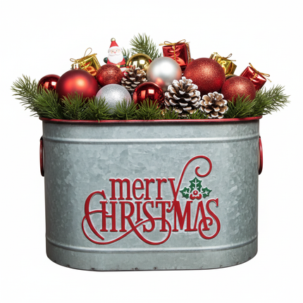 Galvanized metal oval bucket with red Merry Christmas lettering and holly accents on white background