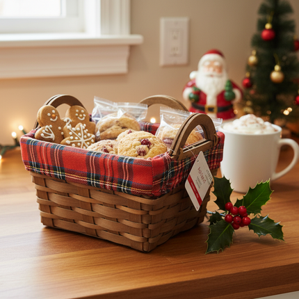 Rectangular wicker Christmas basket with red tartan plaid liner on a kitchen counter with holiday baked goods