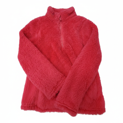 Girls red fuzzy fleece 1/4 zip pullover sweater flat lay on white background