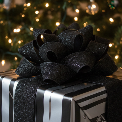Solid black glitter wired ribbon tied as an elegant bow on a gift wrapped in black and silver paper under a Christmas tree with white lights