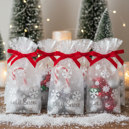 Celebrate It Let It Snow Christmas treat bags tied with ribbon as party favor bags at a Christmas party