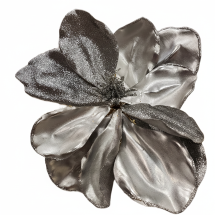 Close-up of Ashland silver 8 inch decorative floral pick showing metallic silver flower petals and glitter detail