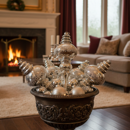 Ashland oversized home decor Christmas ornaments displayed in a large decorative bowl as a floor centerpiece in a living room