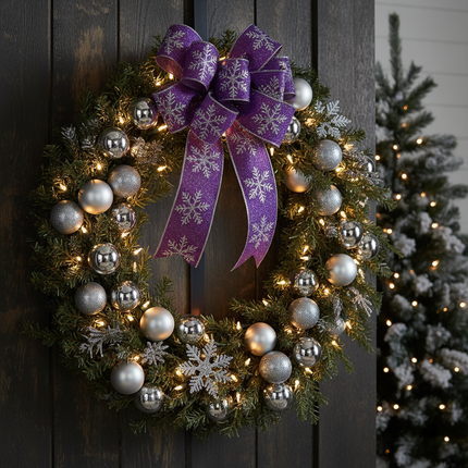 Celebrate It wired purple snowflake ribbon 2.5in x 20ft formed into a large bow on a Christmas wreath with white lights and silver ornaments