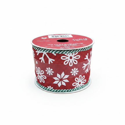 Celebrate It Christmas wired ribbon spool with red background white snowflake pattern and green striped edges on white background