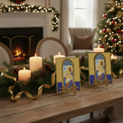 Seasons from Hallmark Holy Family Nativity Christmas cards displayed on elegant holiday table with candles and evergreen branches