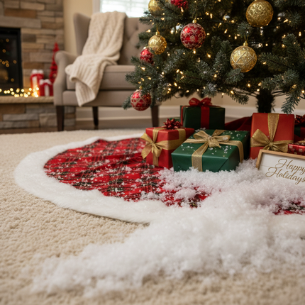 Fluffy white artificial snow used under a Christmas tree with wrapped gifts