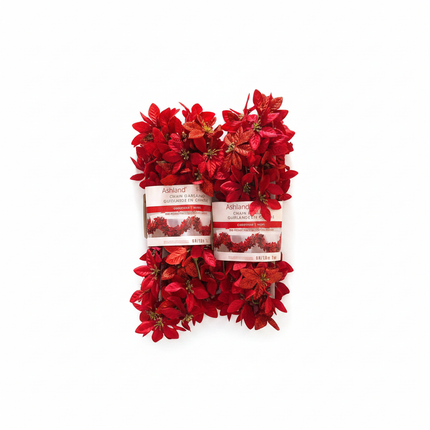 Ashland red poinsettia chain garland 6ft with lush red poinsettia flowers and gold glitter accents on white background