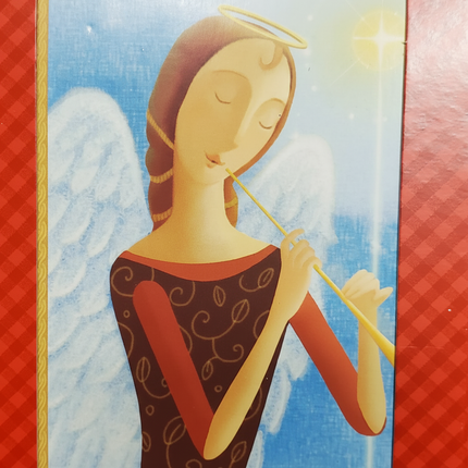 Close-up of angel with halo and golden trumpet illustration on Hallmark Image Arts Christmas card