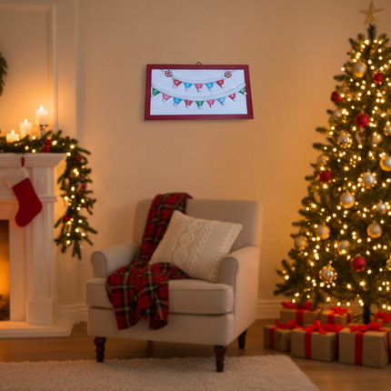 Merry Christmas pennant banner wall plaque hung in a cozy Christmas living room with tree and holiday decor