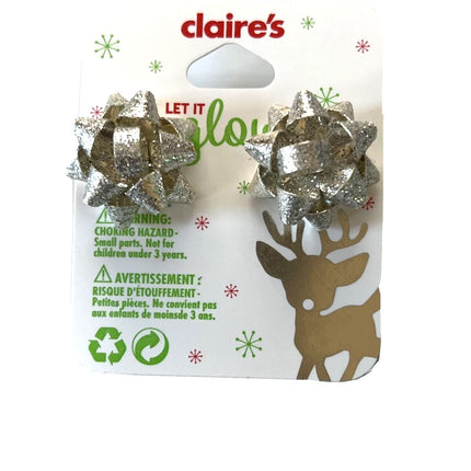 Silver Glitter Bow Christmas Earrings | Holiday Gift Style