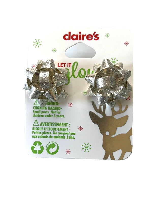 Silver Glitter Bow Christmas Earrings | Holiday Gift Style