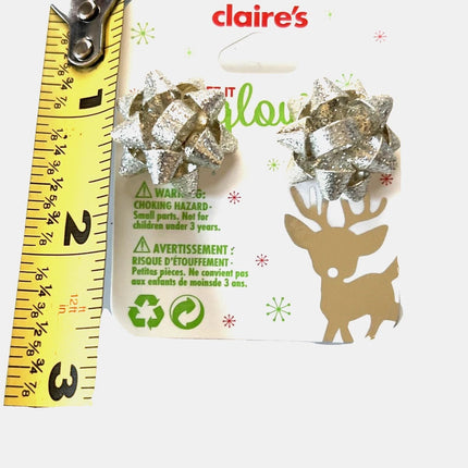 Silver Glitter Bow Christmas Earrings | Holiday Gift Style
