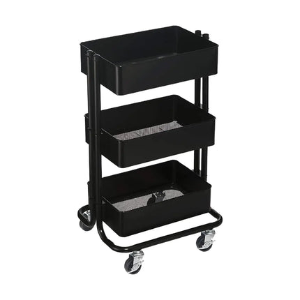 Simply Tidy Lexington Mini Rolling Cart in black with 3 metal mesh trays and locking wheels, ideal for craft supply and small space home organization.