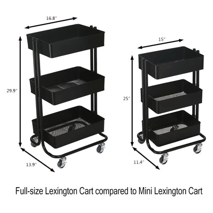 Side-by-side comparison of full-size and mini Simply Tidy Lexington Rolling Carts with labeled dimensions for craft storage and home organization.