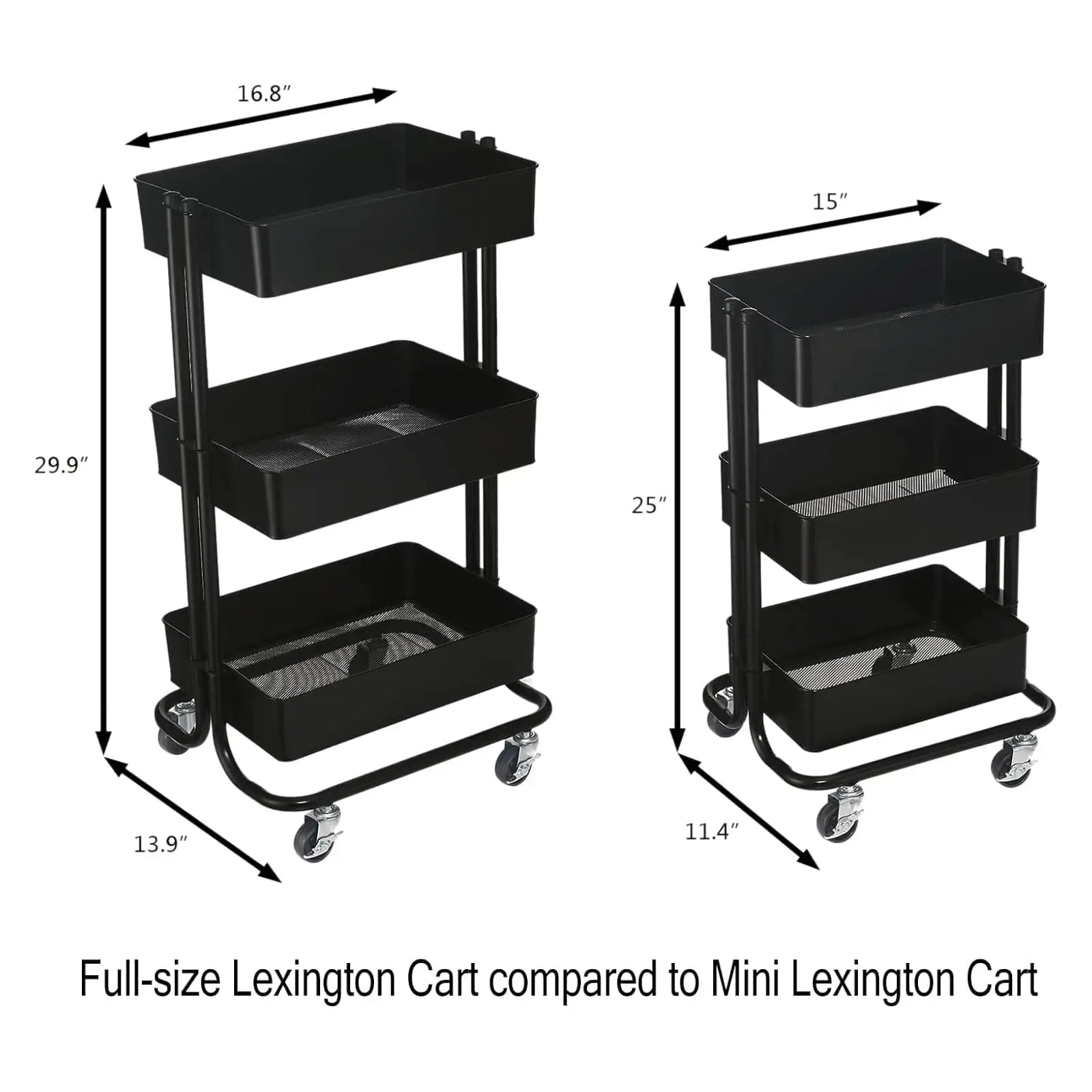 Side-by-side comparison of full-size and mini Simply Tidy Lexington Rolling Carts with labeled dimensions for craft storage and home organization.